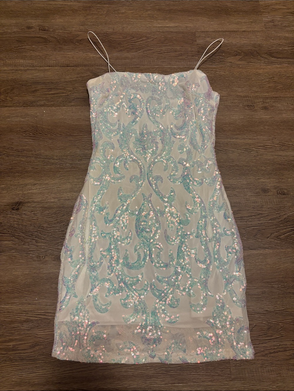Windsor White Dress with Iridescent Aqua Sequin Embellishment